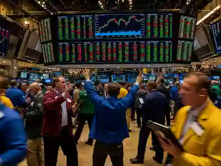 Visa Inc US92826C8394 zeigt Börsenhändler auf dem aktiven NYSE-Parkett in einem dramatischen Editorial-Pressefoto - Foto: THN