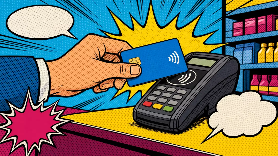 Pop-Art-Comicillustration einer Hand mit generischer Zahlungskarte am Terminal, Ben-Day-Rasterpunkte, kräftige Primärfarben und Action-Linien – dynamische Darstellung des kontaktlosen Zahlens im Stil von Visa Inc (US92826C8394)