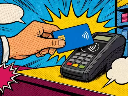 Visa Inc US92826C8394 stellt kontaktlose Kartenzahlung als bunten Retro-Pop-Art-Comic mit Rasterpunkten illustriert dar - Foto: THN