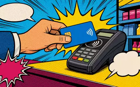 Visa Inc US92826C8394 stellt kontaktlose Kartenzahlung als bunten Retro-Pop-Art-Comic mit Rasterpunkten illustriert dar - Foto: THN
