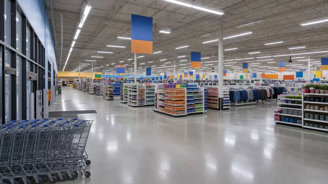 Fotorealistisches Innenbild eines großen generischen Supermarkts mit Regalreihen, Einkaufswagen und 