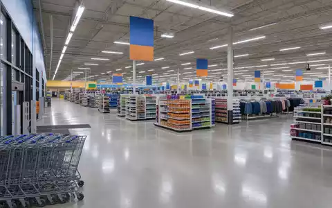 Walmart US9311421039 zeigt ein fotorealistisches Supermarkt Interieur mit hellen Regalreihen und vielen Einkaufswagen - Foto: THN