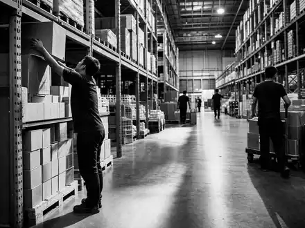 Walmart US9311421039 in einer Schwarz Weiß Reportage von Arbeitern beim Bestücken der Lagerregale - Foto: THN
