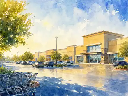 Walmart US9311421039 als Aquarellbild eines generischen Supermarktgebäudes mit Parkplatz Bäumen und Einkaufswagen - Foto: THN