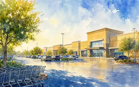 Walmart US9311421039 als Aquarellbild eines generischen Supermarktgebäudes mit Parkplatz Bäumen und Einkaufswagen - Foto: THN