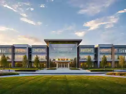Walmart US9311421039 Firmenzentrale als modernes Glasgebäude in Bentonville Arkansas bei goldenem Abendlicht - Foto: THN