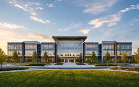 Walmart US9311421039 Firmenzentrale als modernes Glasgebäude in Bentonville Arkansas bei goldenem Abendlicht - Foto: THN