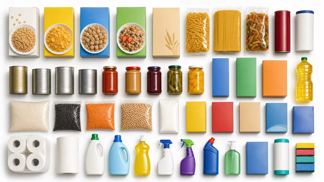 Flatlay-Vogelperspektive auf sortierte generische Lebensmittel- und Haushaltsprodukte auf weißem Untergrund