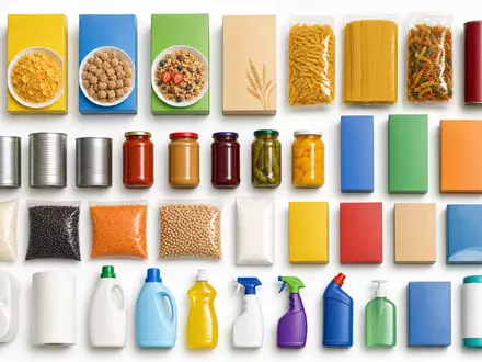 Walmart US9311421039 Flatlay Draufsicht auf sortierte Lebensmittel und Haushaltsprodukte auf weißem Hintergrund - Foto: THN