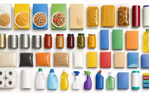 Walmart US9311421039 Flatlay Draufsicht auf sortierte Lebensmittel und Haushaltsprodukte auf weiĂem Hintergrund - Foto: THN