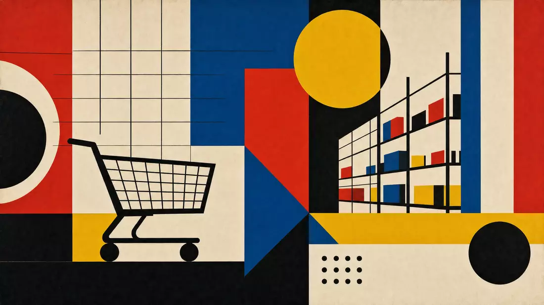 Modernistisches Bauhaus-Plakatdesign mit geometrischen Primärfarben und abstrakten Einkaufswagen- und Regalsilhouetten