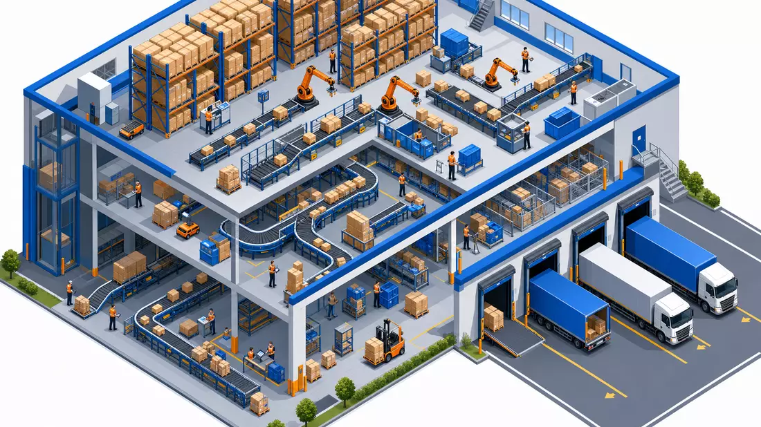 Isometrische 3D-Vektorgrafik eines mehrstöckigen E-Commerce-Fulfillment-Lagers mit Förderbändern und Liefertrucks