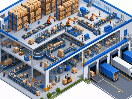 Walmart US9311421039 isometrische 3D Illustration eines modernen E Commerce Lagers mit Förderbändern und Trucks - Foto: THN