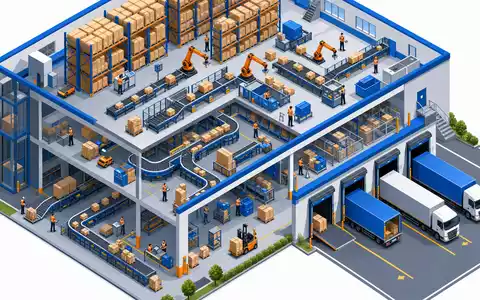 Walmart US9311421039 isometrische 3D Illustration eines modernen E Commerce Lagers mit Förderbändern und Trucks - Foto: THN