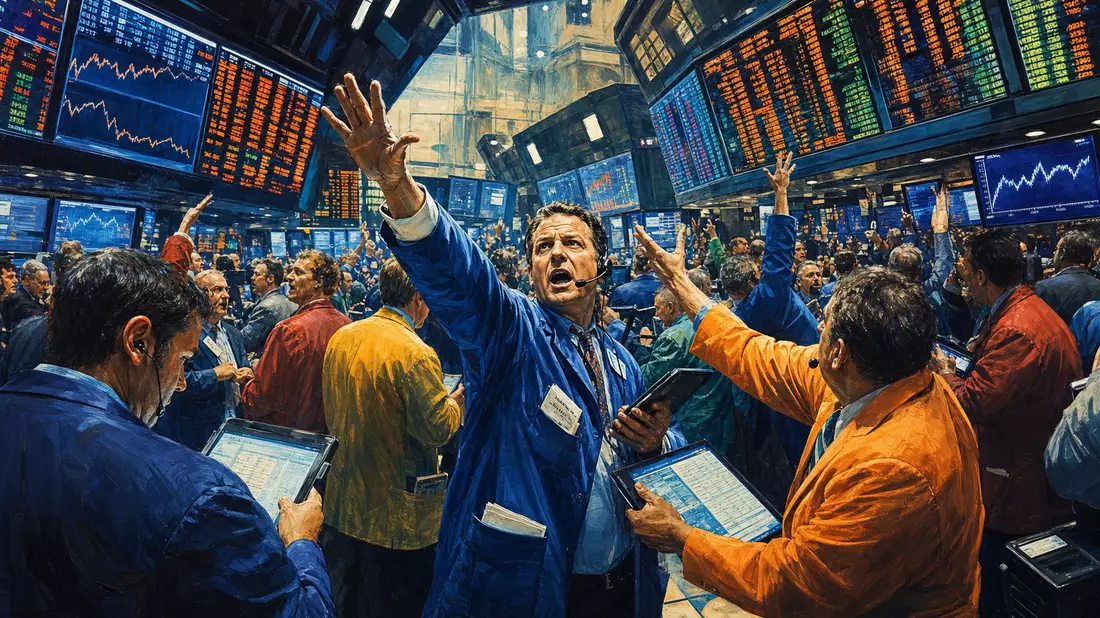 Redaktionelle Illustration des belebten NYSE-Börsenparkettsaals mit Händlern in farbigen Jacken und 