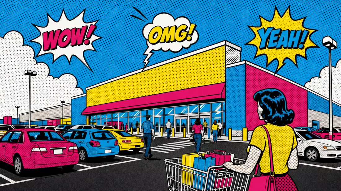 Pop-Art Comic-Illustration eines großen generischen Supermarkts mit Parkplatz, Einkaufswagen und bunten Sprechblasen im Lichtenstein-Stil