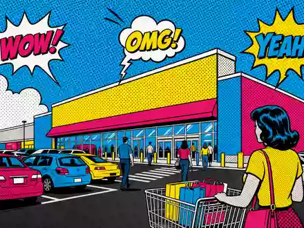 Walmart US9311421039 Pop Art Comic eines generischen Supermarkts mit Halbtondruck und bunten Sprechblasen - Foto: THN