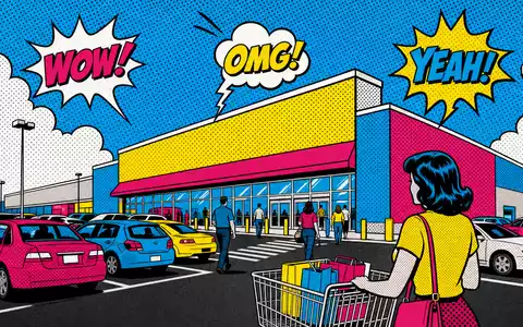 Walmart US9311421039 Pop Art Comic eines generischen Supermarkts mit Halbtondruck und bunten Sprechblasen - Foto: THN