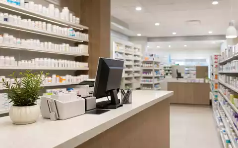 Walgreens US9314271019 zeigt fotorealistisches Apothekeninterieur mit hell erleuchteten Regalen und modernem Rezeptpult - Foto: THN