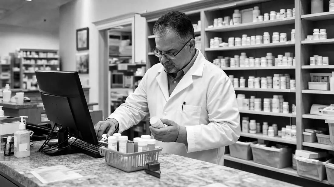 Kontrastreiches Schwarz-Weiß-Reportagefoto eines Apothekers im weißen Kittel hinter dem Rezepttresen
