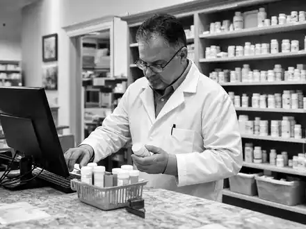 Walgreens US9314271019 dokumentiert Apotheker bei klassischer Schwarz-Weiß-Reportagefotografie hinter dem Rezeptpult der Apotheke - Foto: THN