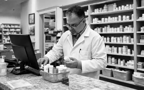 Walgreens US9314271019 dokumentiert Apotheker bei klassischer Schwarz-Weiß-Reportagefotografie hinter dem Rezeptpult der Apotheke - Foto: THN