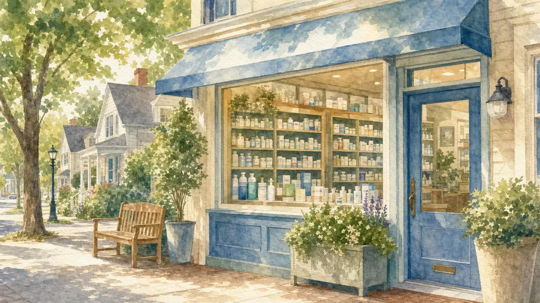 Aquarellillustration eines Apothekengeschäfts in einer amerikanischen Vorstadtstraße mit pastellfarbenen Blau- und Grüntönen und Parkbank