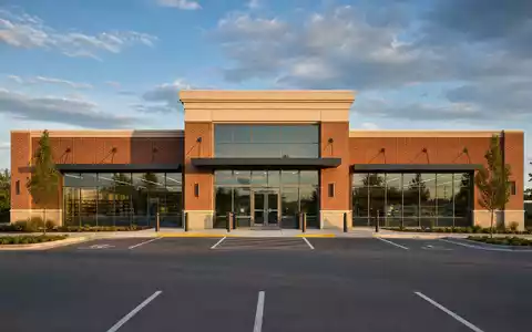 Walgreens US9314271019 zeigt modernes Apotheken-Gebäude aus rotem Ziegel und Glas im amerikanischen Vorstadtbereich bei Goldstundenlicht - Foto: THN
