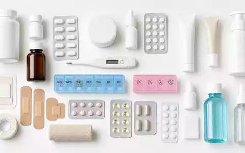 Walgreens US9314271019 präsentiert Flatlay generischer Apothekenprodukte und Arzneimittel auf weißem Studio-Hintergrund von oben fotografiert - Foto: THN