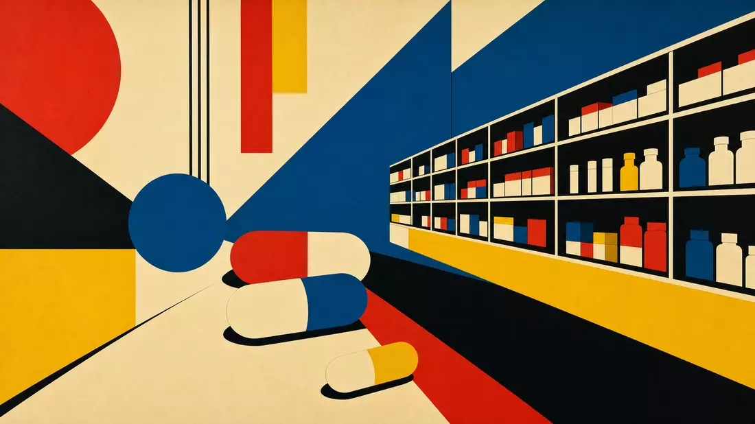 Bauhaus-Grafikposter mit Primärfarben Rot, Blau und Gelb, abstrakten Kapselformen und geometrischen 