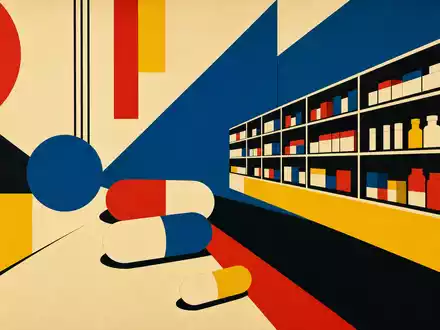 Walgreens US9314271019 als abstraktes Bauhaus-Poster mit geometrischen Primärfarbenformen und Apothekenregalen im modernen Hintergrund - Foto: THN