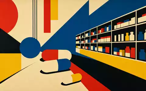 Walgreens US9314271019 als abstraktes Bauhaus-Poster mit geometrischen Primärfarbenformen und Apothekenregalen im modernen Hintergrund - Foto: THN
