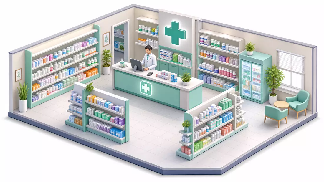 Isometrische 3D-Vektorillustration eines Apothekenladens mit Apothekercharakter, Arzneimittelregalen und grünem Apothekenkreuz