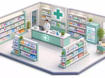 Walgreens US9314271019 als isometrische 3D-Vektorillustration einer generischen Apotheke mit Apothekercharakter hinter dem Tresen - Foto: THN