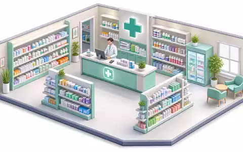 Walgreens US9314271019 als isometrische 3D-Vektorillustration einer generischen Apotheke mit Apothekercharakter hinter dem Tresen - Foto: THN
