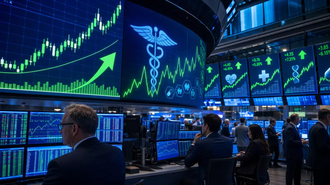 Dramatisches Börsen-Editorial mit NASDAQ-Handelsflächenkonzept, leuchtenden digitalen Kursanzeigen und Gesundheitssektorgrafiken in Blau und Grün