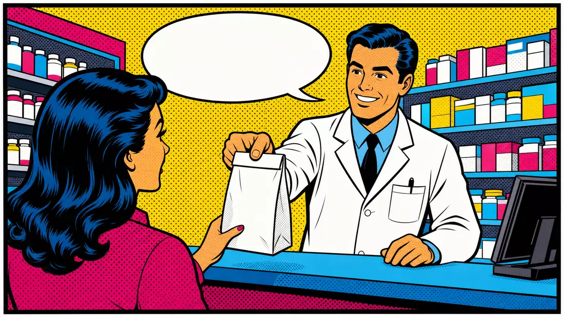 Pop-Art-Comic nach Lichtenstein-Stil mit Apotheker und Kundin beim Rezeptaustausch, Halftone-Ben-Day