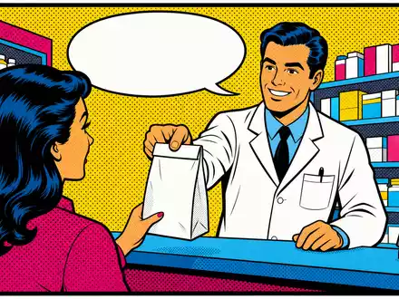 Walgreens US9314271019 im Pop-Art-Comic-Stil zeigt lächelnden Apotheker beim Übergeben einer weißen Medikamententüte an Kundin - Foto: THN