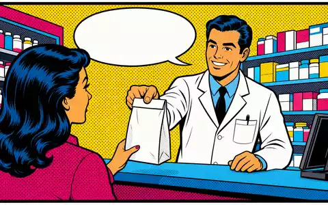 Walgreens US9314271019 im Pop-Art-Comic-Stil zeigt lächelnden Apotheker beim Übergeben einer weißen Medikamententüte an Kundin - Foto: THN