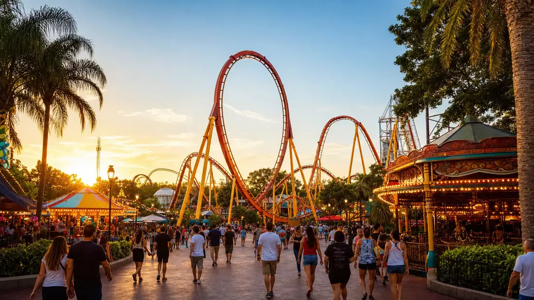 Fotorealistischer Blick auf einen namenlosen Freizeitpark mit einer großen roten Looping-Achterbahn,