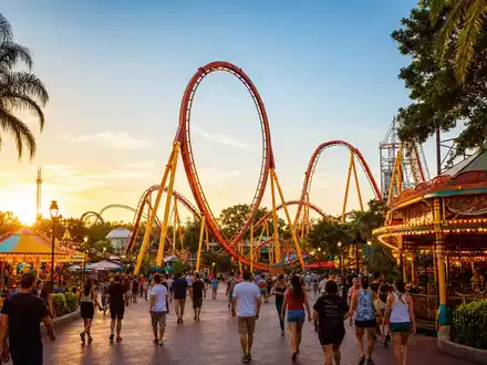 Disney US9314271084 zeigt einen bunten generischen Freizeitpark mit farbenprächtiger Achterbahn bei goldenem Sonnenuntergang - Foto: THN