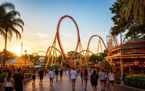Disney US9314271084 zeigt einen bunten generischen Freizeitpark mit farbenprächtiger Achterbahn bei goldenem Sonnenuntergang - Foto: THN