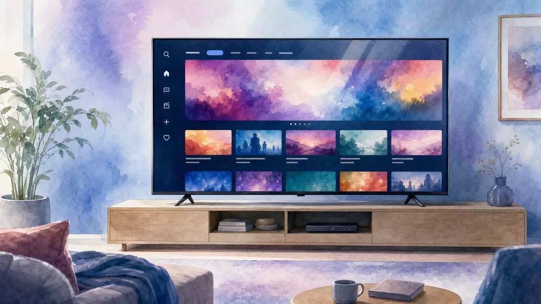 Aquarellillustration eines modernen Fernsehers mit generischer Streaming-Oberfläche in einem pastellfarbenen Wohnzimmer ohne jegliche Markennamen