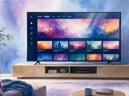 Disney US9314271084 illustriert Streaming als zartes Aquarell mit anonymem TV-Interface im modernen Wohnzimmer - Foto: THN