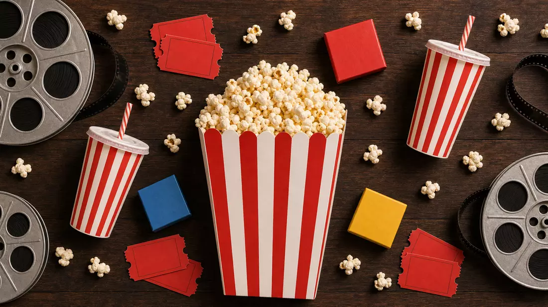 Draufsicht-Flatlay von Kinoschnacks: gestreifter Popcornbecher, Filmrollen, rote Eintrittskarten und bunte Schachteln ohne jegliche Markenbeschriftung auf dunklem Holz