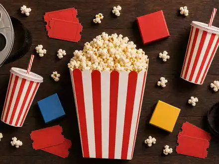 Disney US9314271084 präsentiert Kino-Flatlay mit frischem Popcorn Filmrollen und roten Tickets ohne Markennamen - Foto: THN