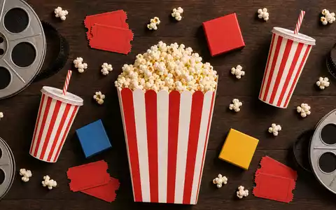 Disney US9314271084 präsentiert Kino-Flatlay mit frischem Popcorn Filmrollen und roten Tickets ohne Markennamen - Foto: THN
