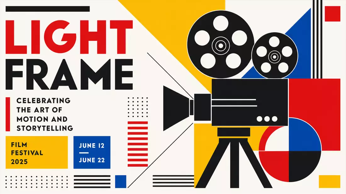 Bauhaus-Grafikdesign-Poster mit kühnen geometrischen Formen in Primärfarben, stilisierter Filmkamera auf weißem Hintergrund im Stil des deutschen Modernismus