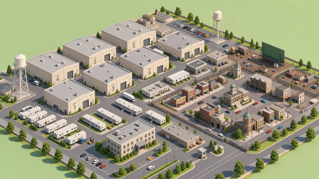 Isometrische 3D-Illustration eines generischen Filmstudio-Campus mit Tonhallen, Produktionstrailern, Außensets und Wasserturm in einem pastellfarbenen digitalen Stil