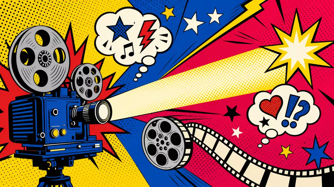 Kräftiger Pop-Art-Comic im Lichtenstein-Stil: stilisierter Filmprojektor mit Lichtstahl, Halbtonpunktmuster in Magenta und Gelb sowie abstrakte Sprechblasen mit Symbolen